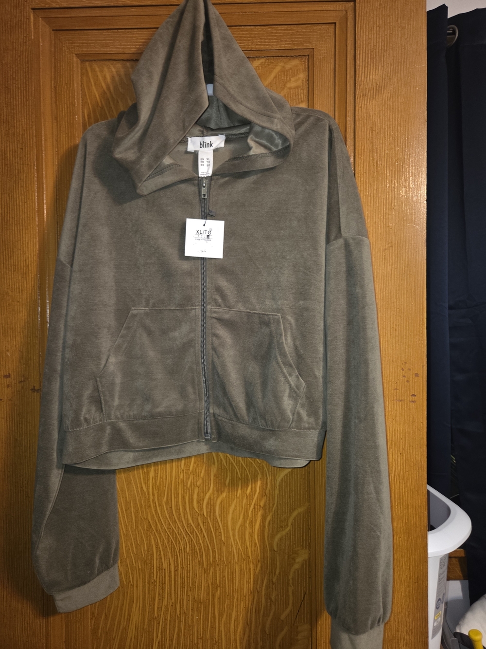 Blink Women's Olive Green Cropped Zip-Up Velour Hooded Jacket-XL